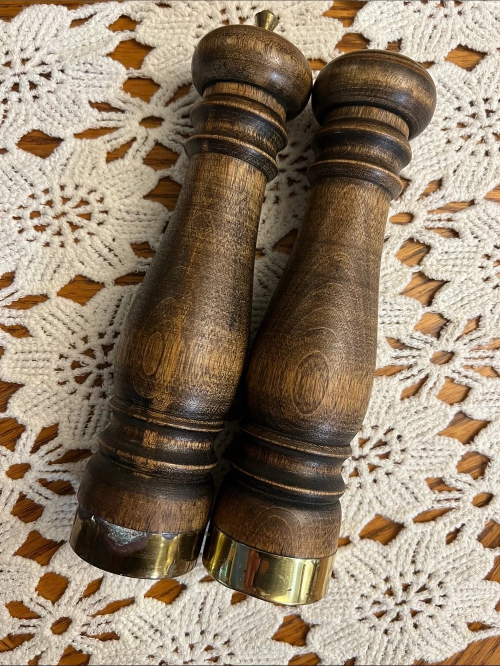 Vintage MCM Wooden Salt shake and Pepper Mill Set with Brass Accents - Brown